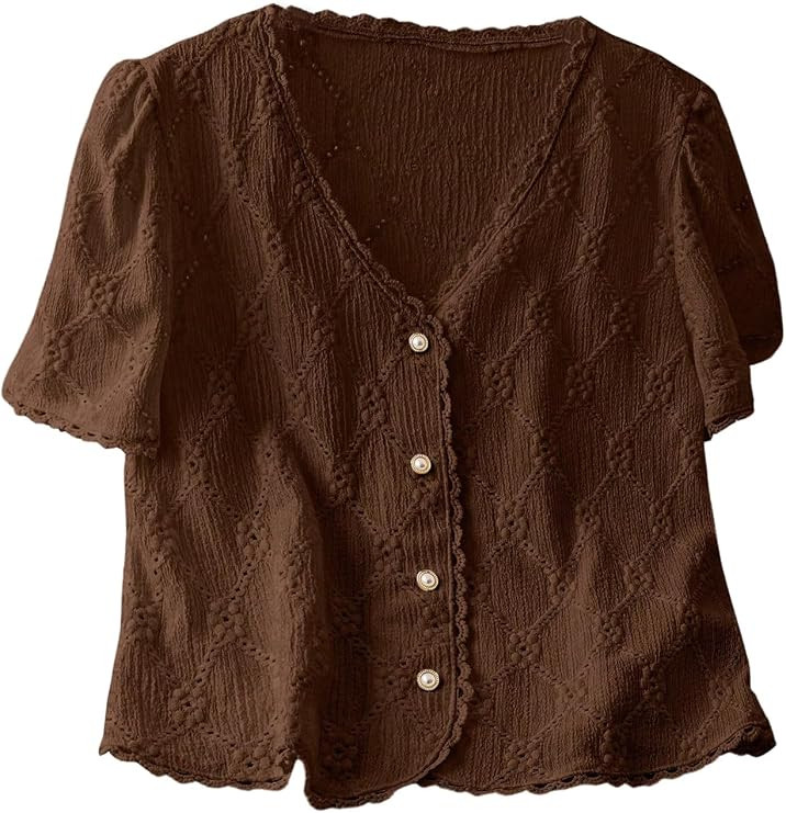 COZYEASE Women's Floral Embroidered Button Down Blouse Frill Trim Short Puff Sleeve V Neck Vacati... | Amazon (US)