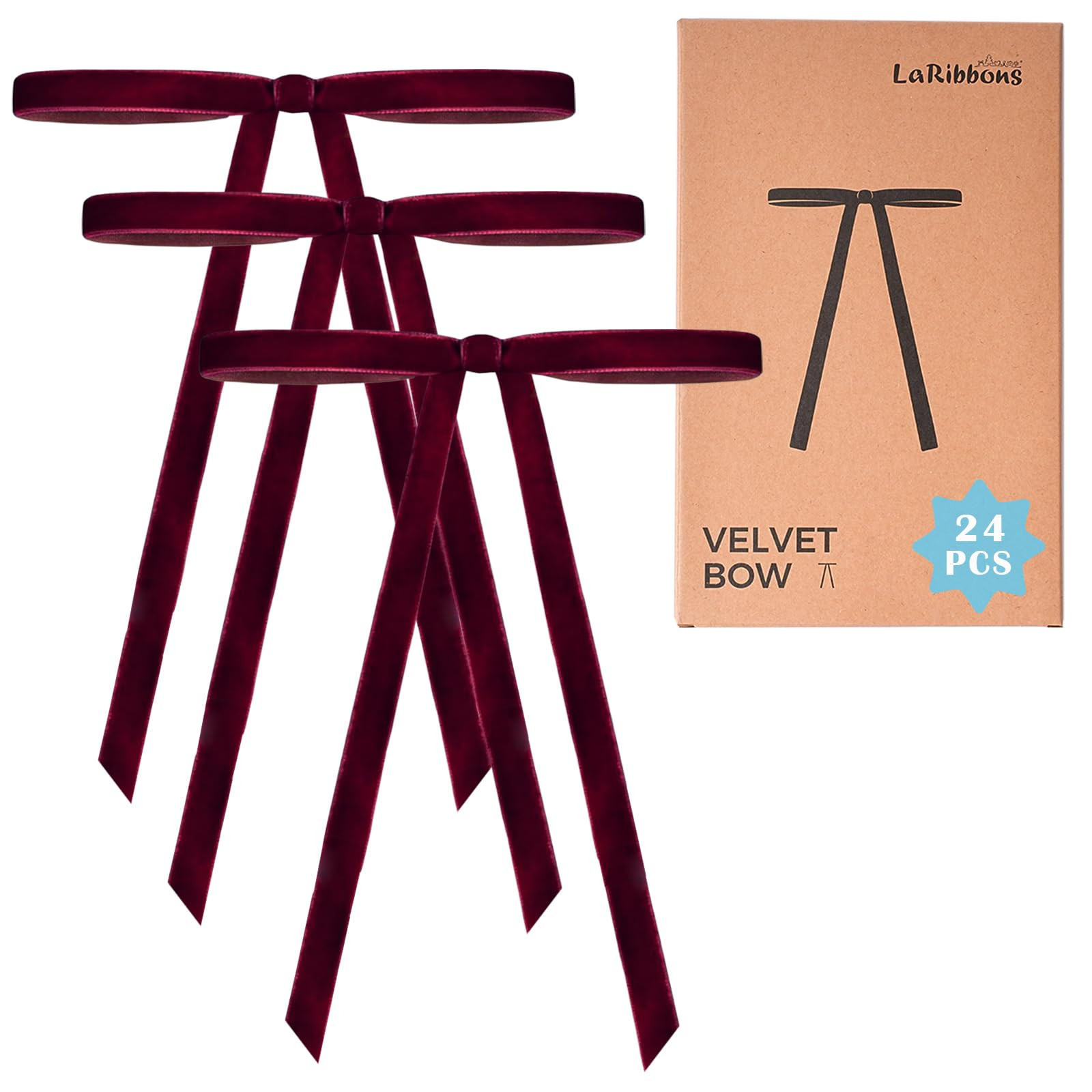 LaRibbons 24 Pcs Burgundy Velvet Bows for Christmas Tree, Door, Garland, Wreath, 3/8" Wide, 5"x7"... | Amazon (US)