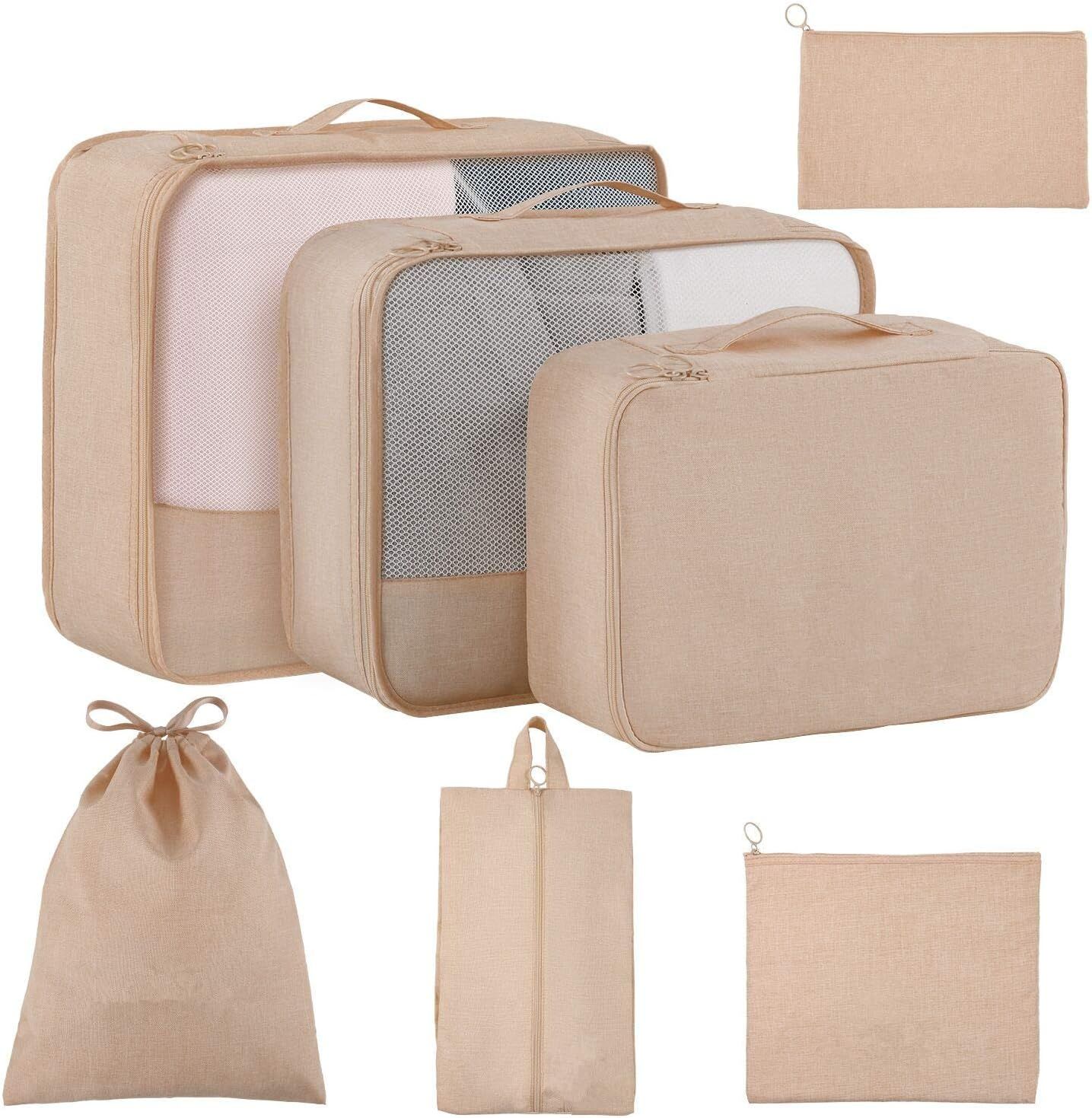 Packing Cubes for Travel 7 Set, Luggage Packing Organizers with Shoe Bag and Toiletry Bag (Beige) | Amazon (US)