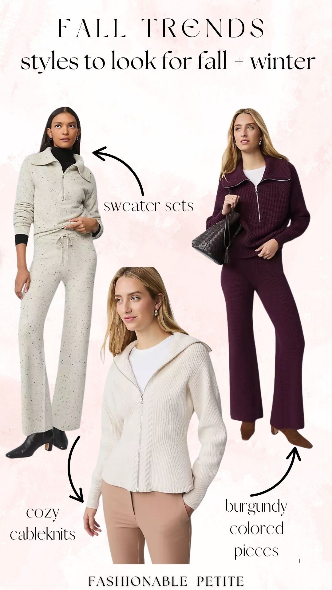 Fall styles to try! Sweater sets are an easy way to put an outfit together and I love this burgundy option! Cable knits are also cozy and classic. 

Fall outfits, waffle knit, sweater set, matching set, cable knit sweater 

#LTKPetite #LTKSaleAlert