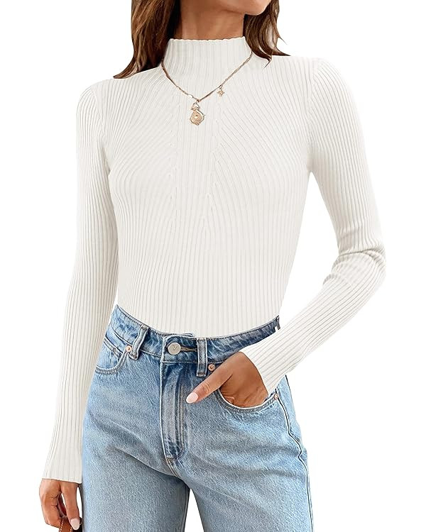 ZESICA Women's 2024 Fall Long Sleeve Turtleneck T Shirts Ribbed Knit Sweater Slim Fi... | Amazon (US)