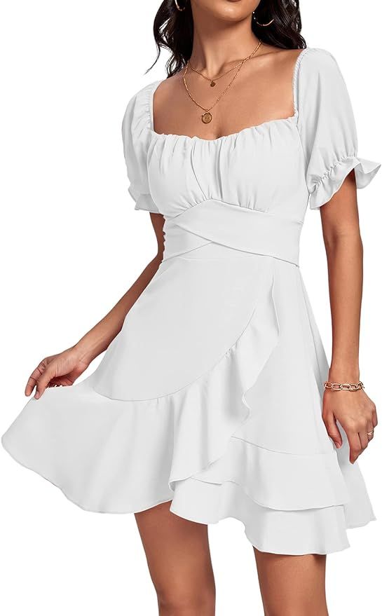 LYANER Women’s Square Neck Ruffle Wrap Mini Dress Off Shoulder Flounce Short Sleeve A Line Flow... | Amazon (US)