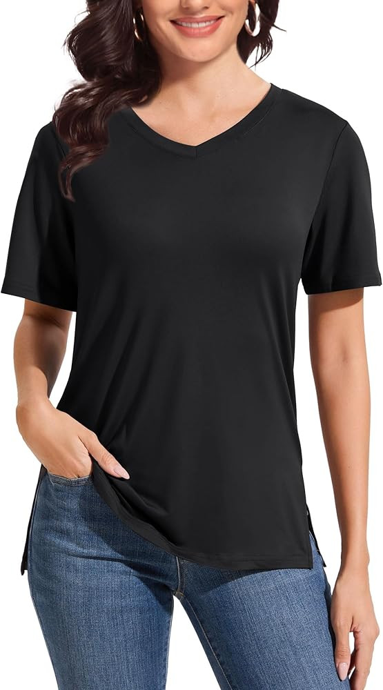 Showitty T Shirts for Women, Short Sleeve V Neck Basic Tees Loose Fit Cute White Black Tops for C... | Amazon (US)
