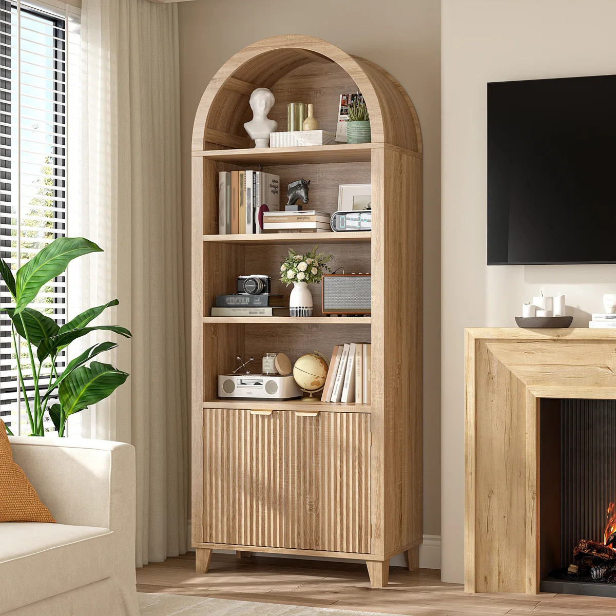 Storage Bookcase/Arched Cabinet With Fluted Doors & Adjustable Shelves – Entryway, Living Room | Wayfair North America