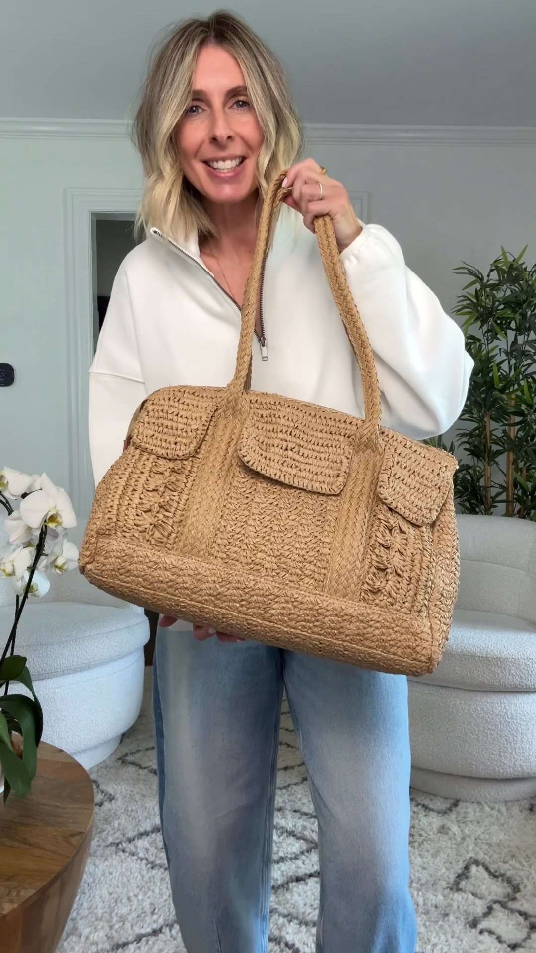 @Target  ...this straw satchel is INSANE! my tummy actually flipped when i saw it in store! 🫠

i tried it with a cute scarf tied to a handle too. super cute!! check out my last post to take a peek! 👀 

weekend style. effortless style. mom style. mom outfits. easy outfits. target style. new at target. #targetstyle not your average influencer. micro influencer. 

#LTKOver40 #LTKootd #LTKgrwm