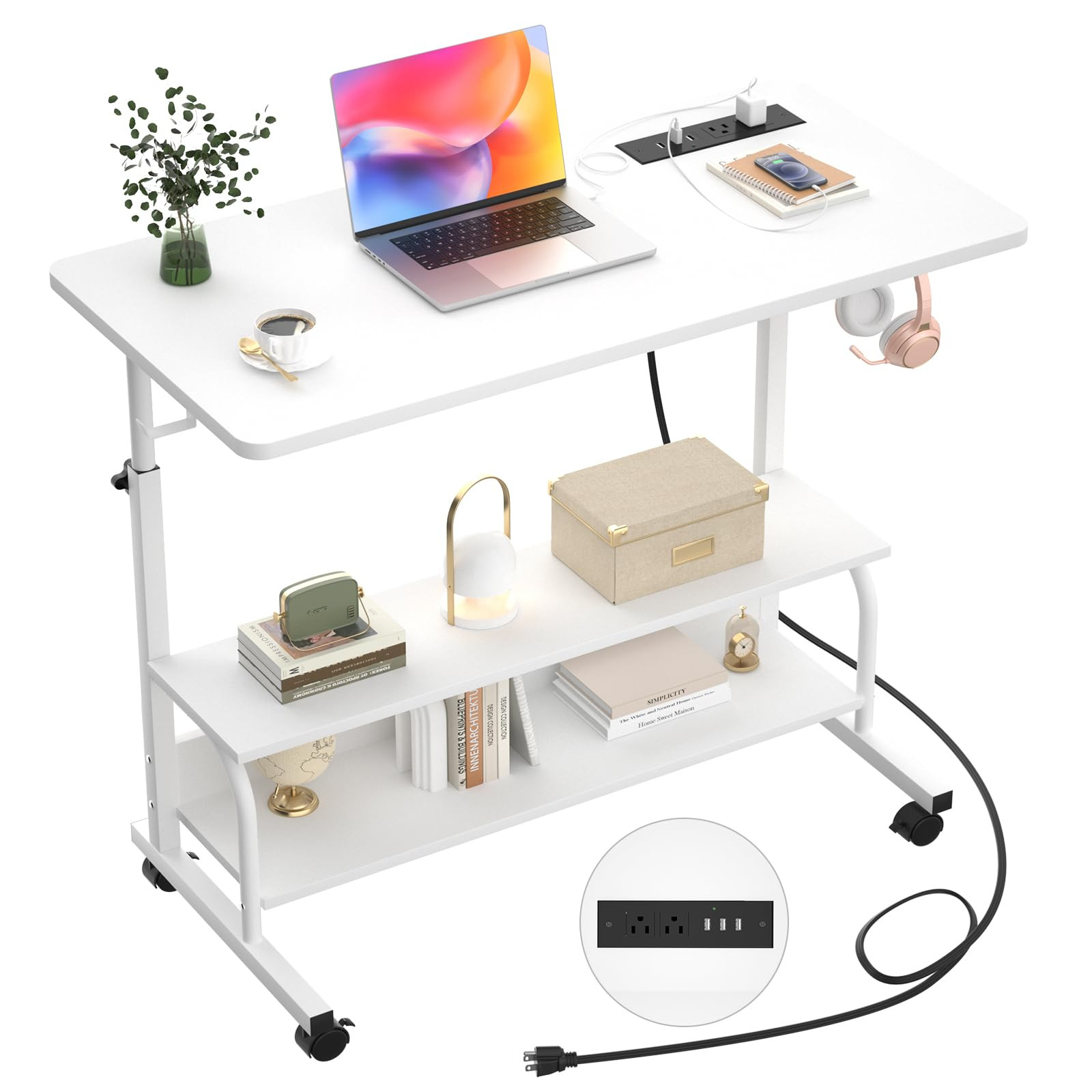 Height Adjustable Standing Desk with Power Outlets, 32" Manual Stand Up Desk with Storage Shelves Small Mobile Rolling Computer Desk Portable Laptop Table with Wheels for Home Office, White | Amazon (US)