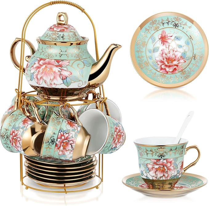 Zhehao 20 Pcs Porcelain Tea Set with Metal Holder Adult Ceramic Tea Party Set European Flower Tea... | Amazon (US)