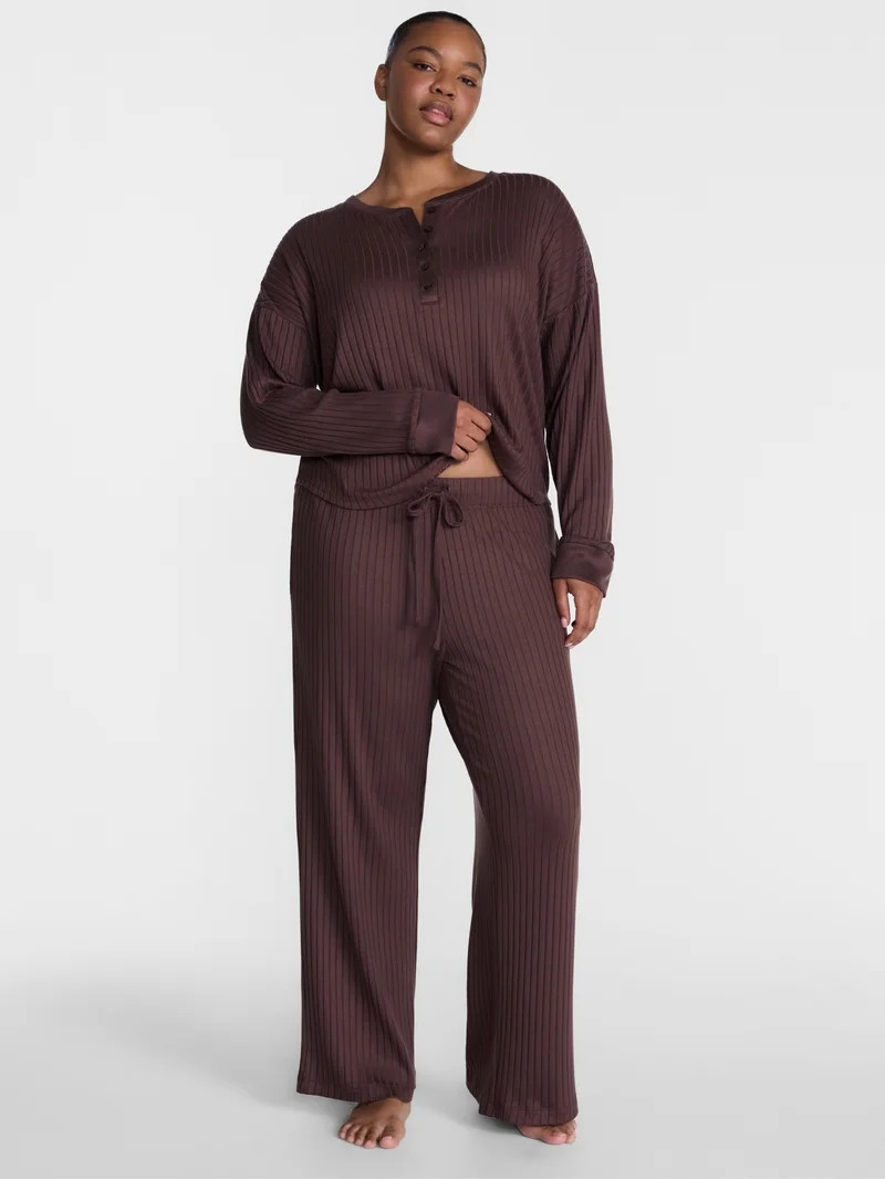 Joyspun Women's Cozy Lounge Collection Hacci Henley Top and Pants, 2-Piece Pajama Set, Sizes XS-3... | Walmart (US)