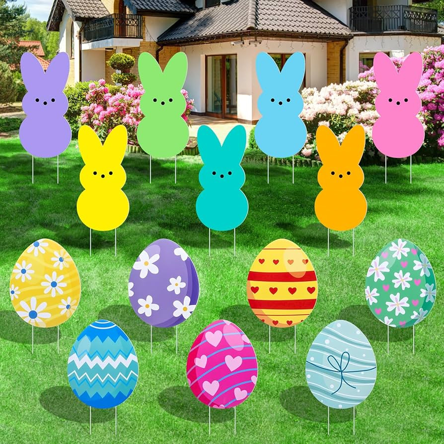 14pcs Easter Yard Signs Outdoor Decorations, Bunny Eggs With Stakes Lawn Yard Decorations for Par... | Amazon (US)