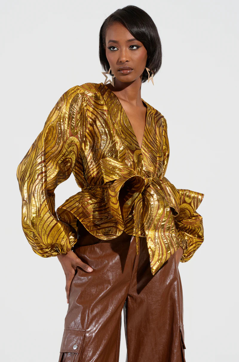 IN A DAYDREAM TIE FRONT BLOUSE IN GOLD | AKIRA