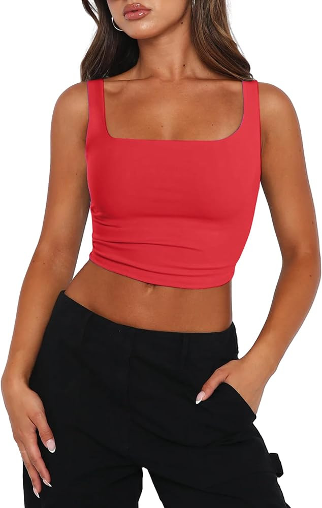 Zeagoo Women's Square Neck Sleeveless Crop Tops 2024 Cute Double Layer Seamless Slim Fit Y2k Tank... | Amazon (US)