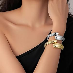 Cuff Bracelet Stack, 18K Gold-plated Open Bangle Bracelet, Teardrop Hinged Thick Wrist Chunky Bra... | Amazon (US)