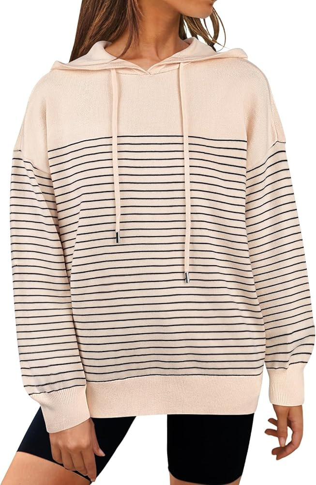 MEROKEETY Women's 2024 Striped Sweater Hoodies Long Sleeve Fall Casual Loose Pullover Sweatshirts | Amazon (US)