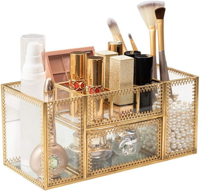 Glass Makeup Organizer - Gold Perfume Cosmetic Holder - Gold Makeup Brush Holder - Stunning Jewel... | Amazon (US)