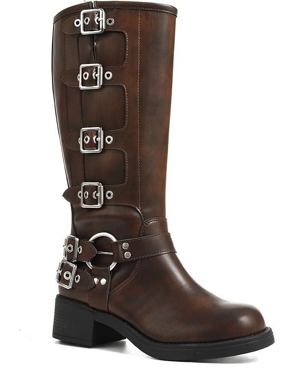 AMINUGAL Knee High Boots Women Square Toe Pull On Wide Calf Riding Fashion Buckles Chunky Metalli... | Amazon (US)