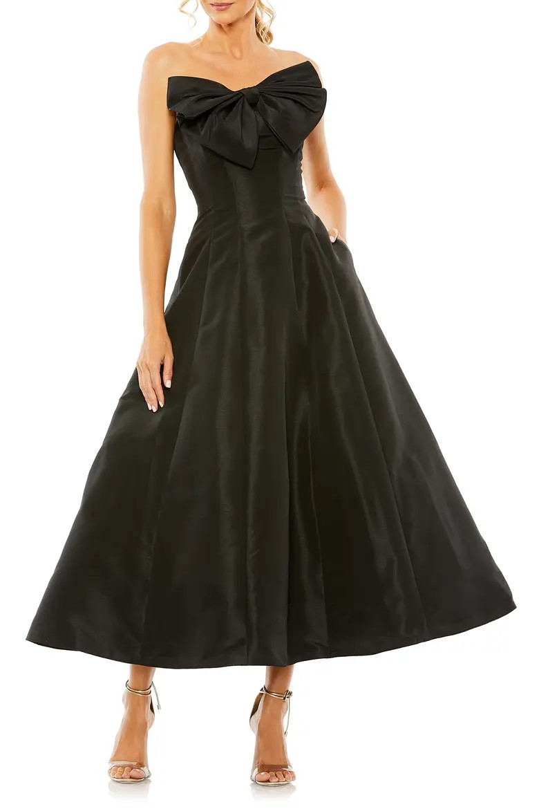 Strapless A-Line Tea Length Statement Bow Midi Dress (Women) | Nordstrom | Nordstrom