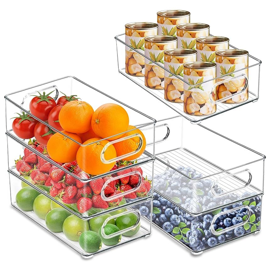 Set of 4 Clear Plastic Pantry Organizer Bins, JELODM Stackable Storage Bins for Pantry Organization  | Amazon (US)