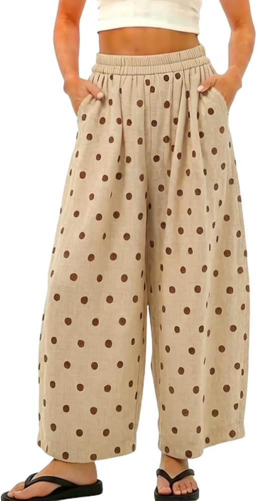 chouyatou Pantalones de verano para mujer, estilo bohemio, de algod\u00f3n, lino, con lunares, ci... | Amazon (US)