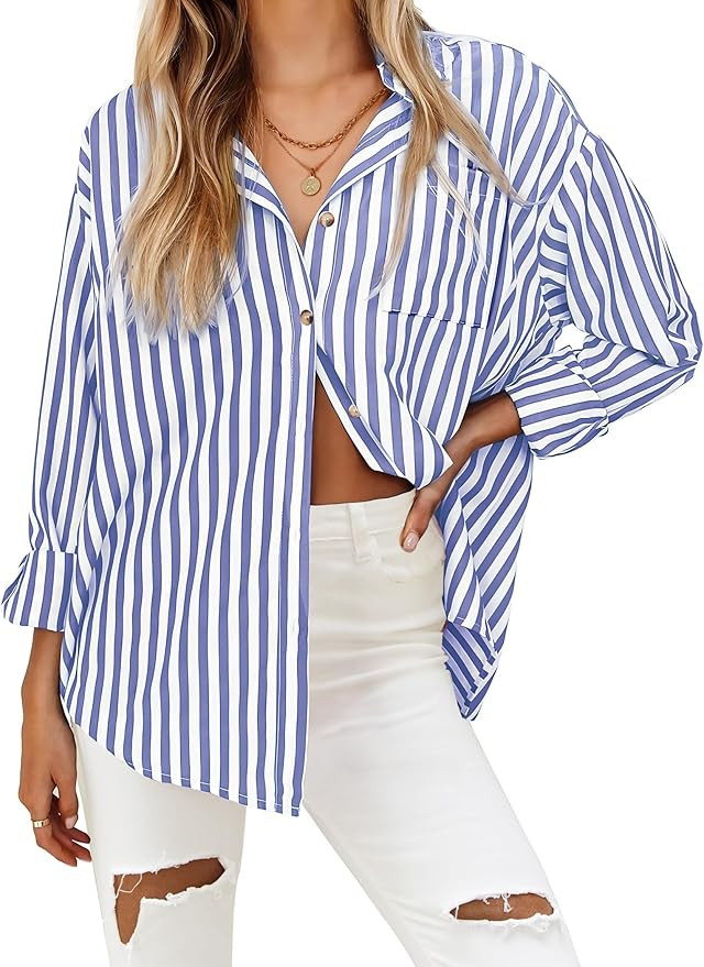 HOTOUCH Women's Striped Button Down Shirts Casual Long Sleeve Boyfriend Loose Collared Blouses To... | Amazon (US)