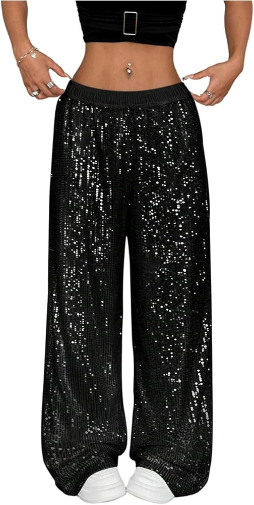 Floerns Women's Shiny Sequin Wide Leg Pants Elastic Waist Sparkly Baggy Pants | Amazon (US)