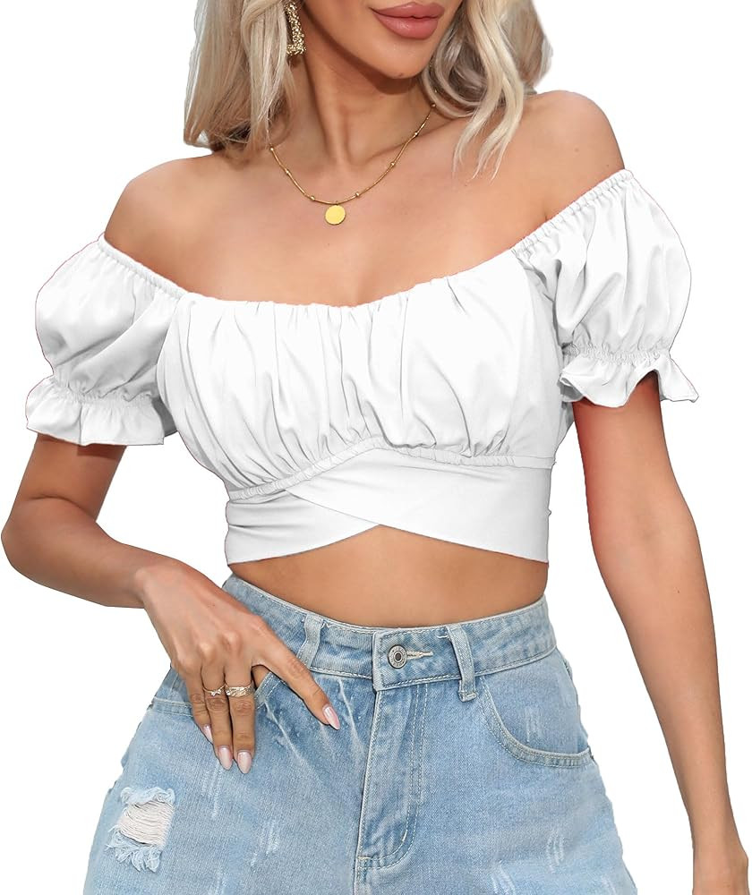 COOUFE Women's Crop Tops Ruffle Short Sleeve Tie Back Summer Off Shoulder Top Blouse | Amazon (US)