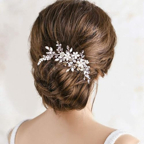 Bride Wedding Hair Comb Pearl Flower Hair Piece Rhinestone Bridal Accessories for Women (Silver) | Amazon (US)