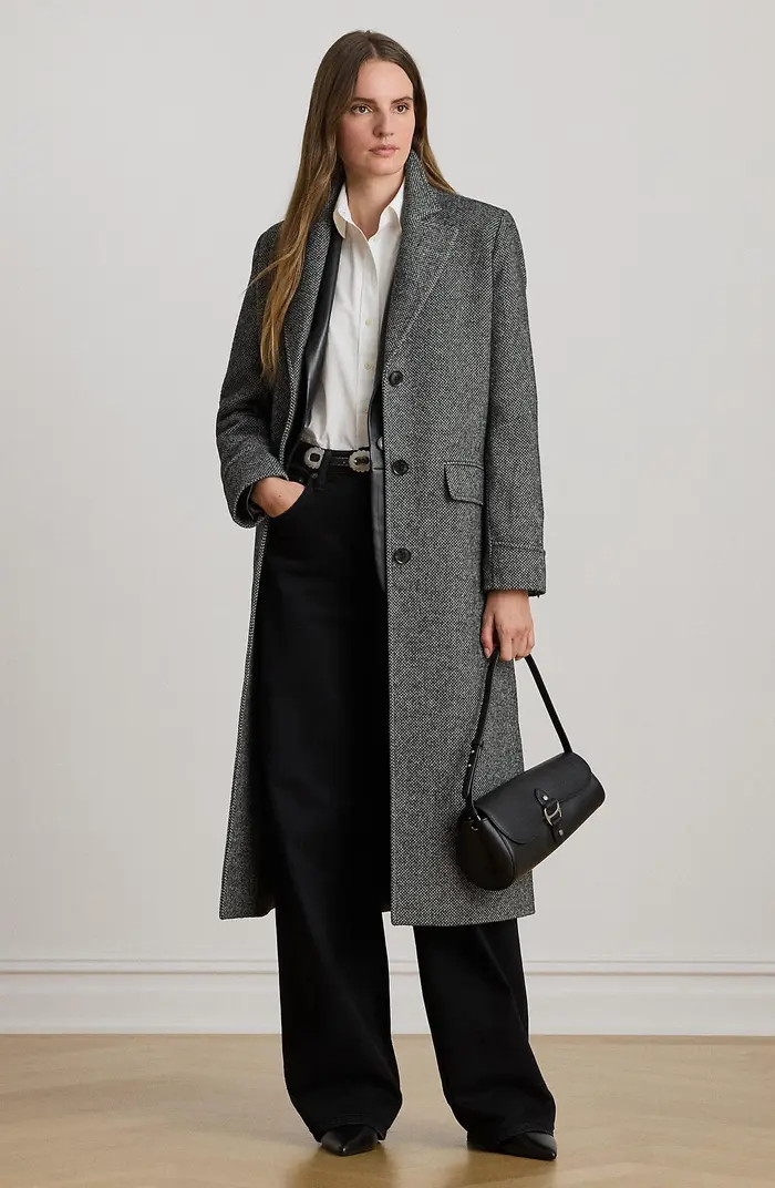 Lauren Ralph Lauren Longline Herringbone Wool Blend Reefer Coat | Nordstrom | Nordstrom