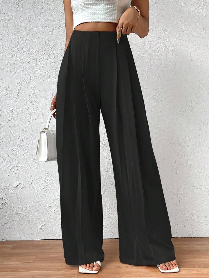 High Waist Plicated Detail Wide Leg Pants | SHEIN