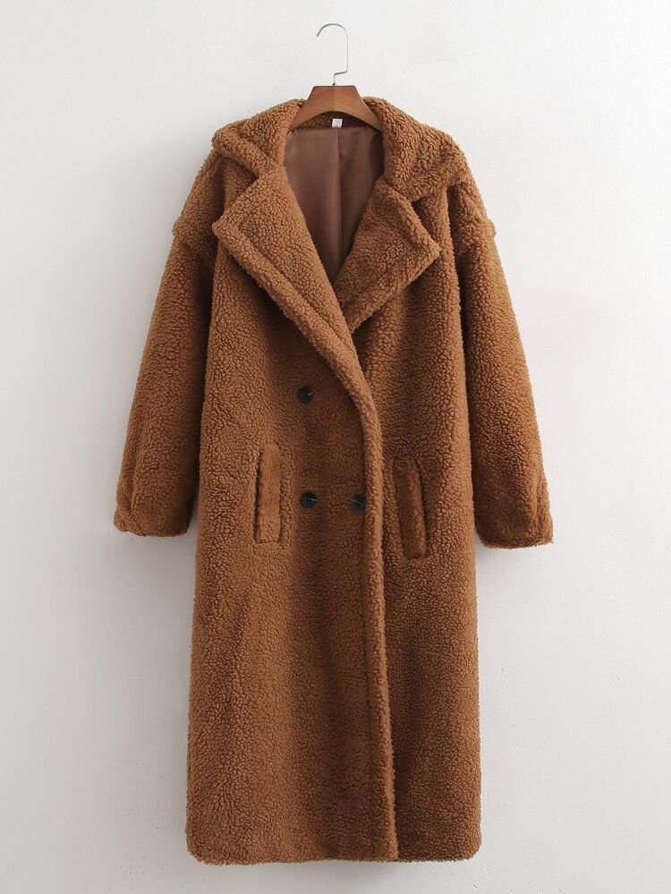 Double Breasted Drop Shoulder Teddy Coat | SHEIN