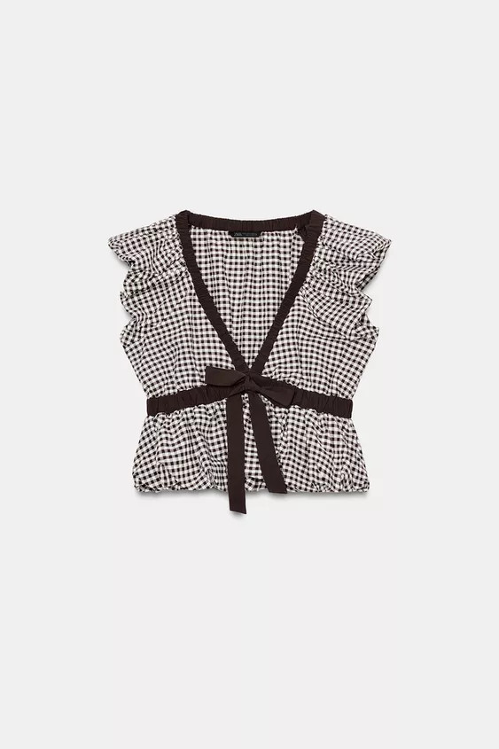 GINGHAM PUFF SLEEVE TOP WITH BOW | Zara UK