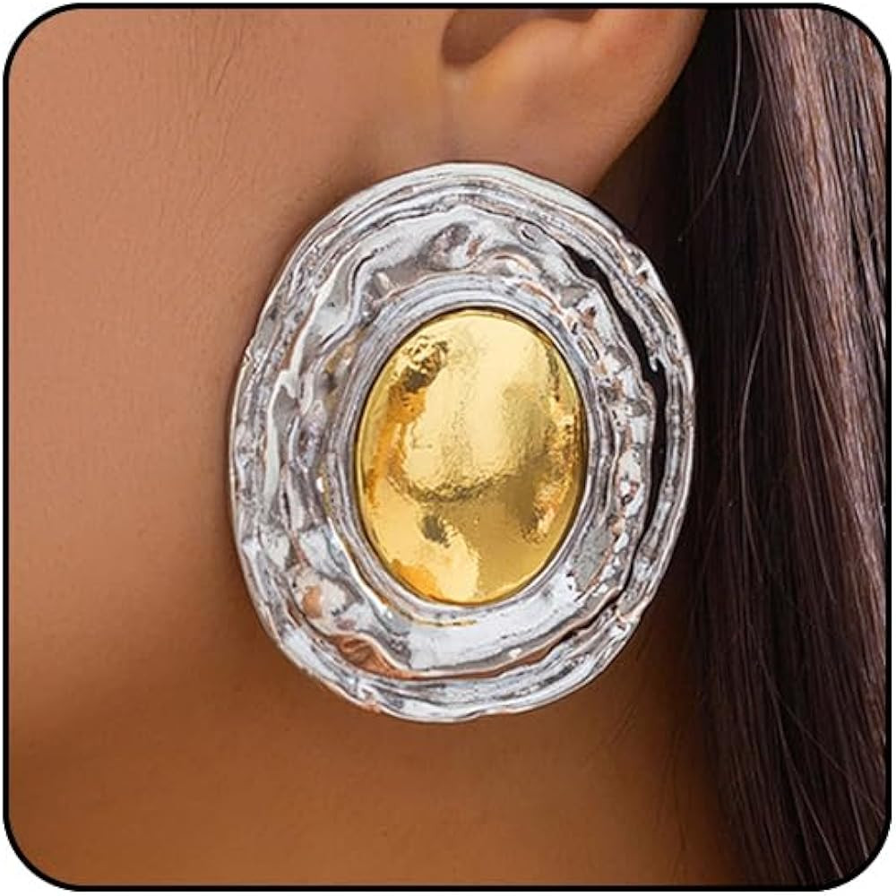 Mixed Metal Statement Earrings for Women Chunky Earrings Big Statement Large Oval Round Pebble Sh... | Amazon (US)