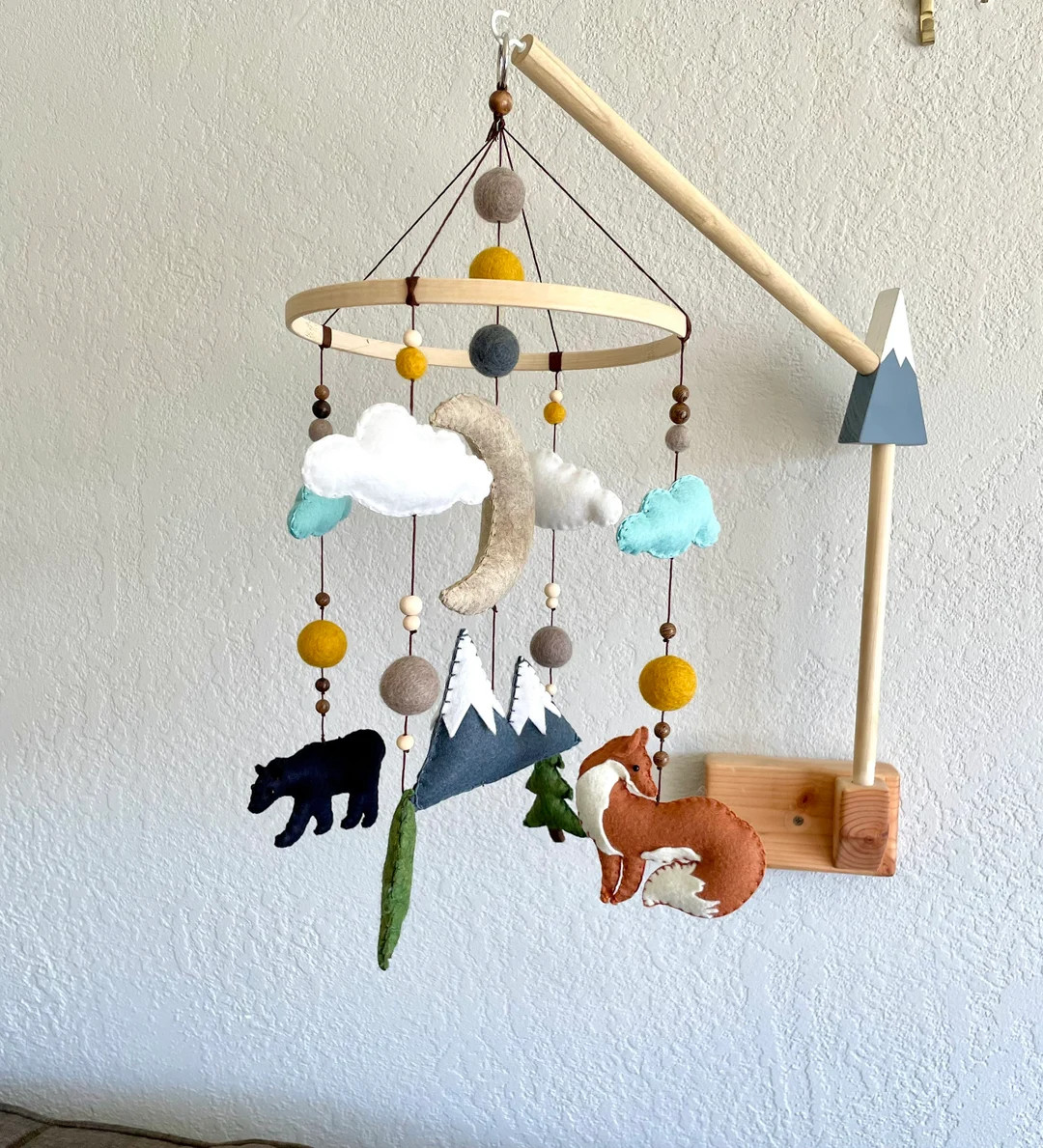Felt woodland animal mobile; fox bear mountain nursery decor; neutral girl boy Forest crib decora... | Etsy (US)