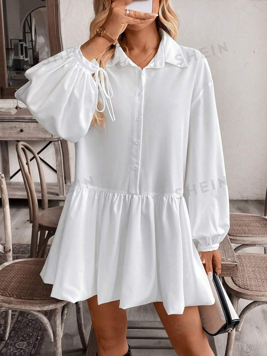 SHEIN Frenchy Women's Solid Color Front Buttoned Ruffled Hem Long Sleeve Dress,Back To School Clo... | SHEIN