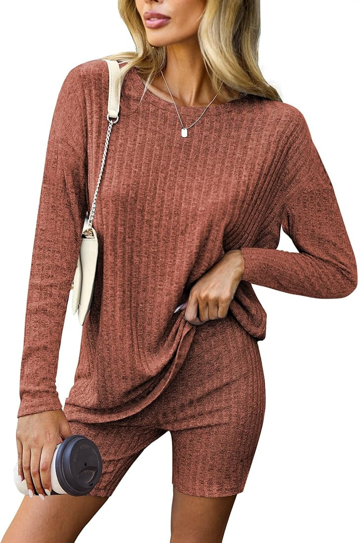 Ekouaer Pajamas 2 Piece Lounge Sets Ribbed Knit Matching Outfits Long Sleeve Biker Shorts Set Sle... | Amazon (US)