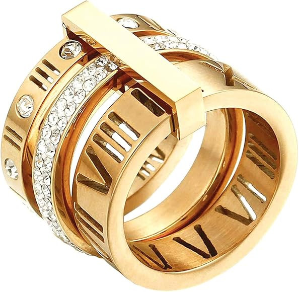 Stainless Steel CZ Zirconia Roman Numeral Ring for Women 3 in 1 Trinity Wedding Band Rings | Amazon (US)