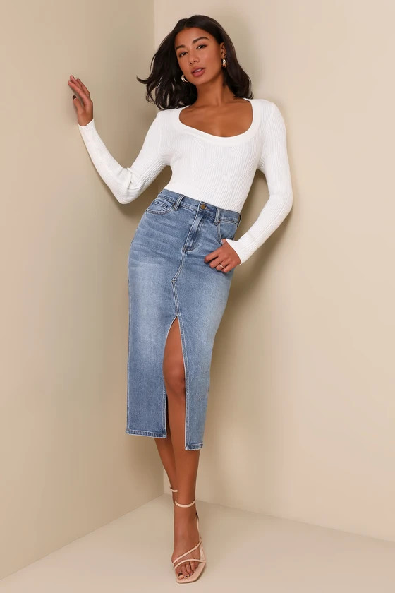 Uniquely Trendsetting Medium Wash High Rise Denim Midi Skirt | Lulus