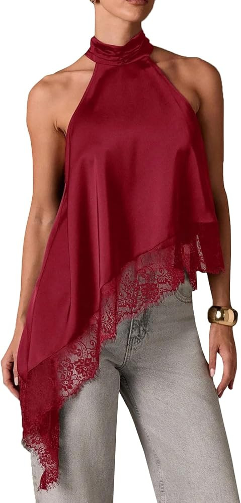 Women Satin Halter Top Y2K Mock Neck Lace Trim Asymmetrical Hem Tank Top Sleeveless Going Out Cro... | Amazon (US)