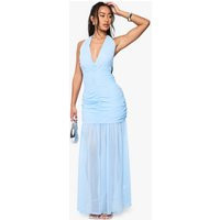 Womens Chiffon Ruched Dropped Hem Maxi Dress - Blue - 10 | boohoo (US & Canada)