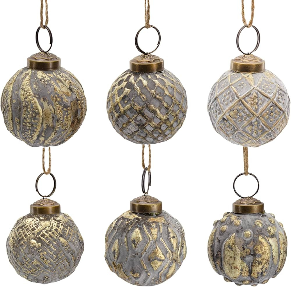 AuldHome Farmhouse Ball Ornaments (Set of 6, 2", Silver); Distressed Metal Tin Glass Ball Vintage... | Amazon (US)