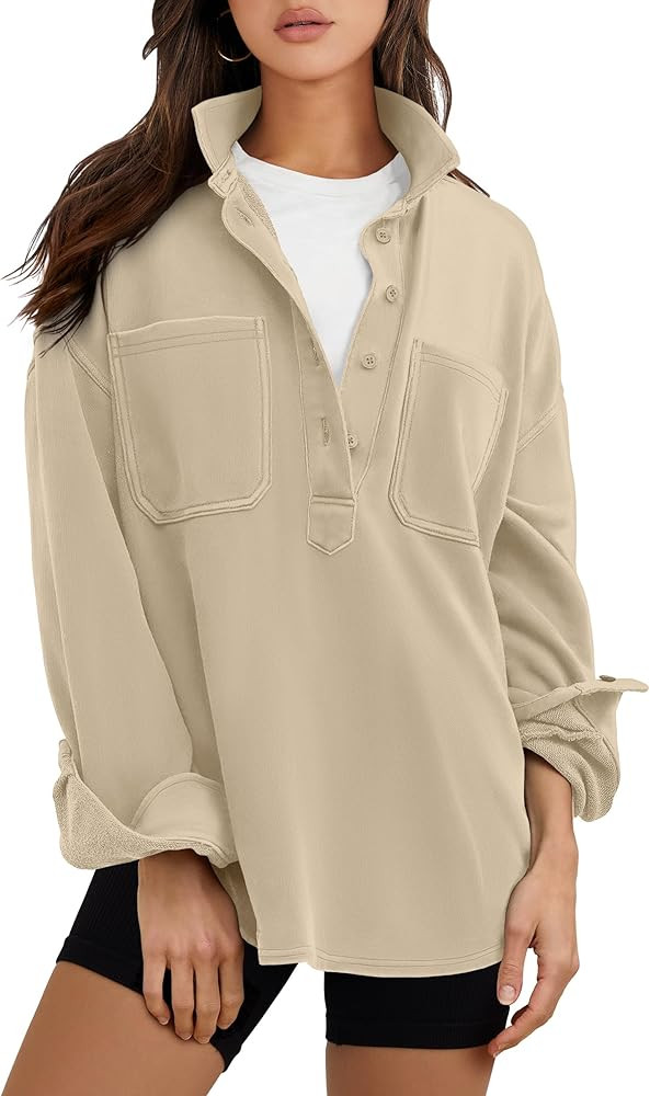 ANRABESS Sweatshirt for Women Oversized Casual Long Sleeve Side Slit Button Lapel Polo Pullover T... | Amazon (US)