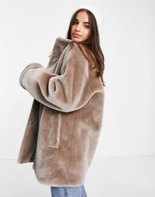 ASOS DESIGN cuff detail faux fur coat in gray | ASOS (Global)