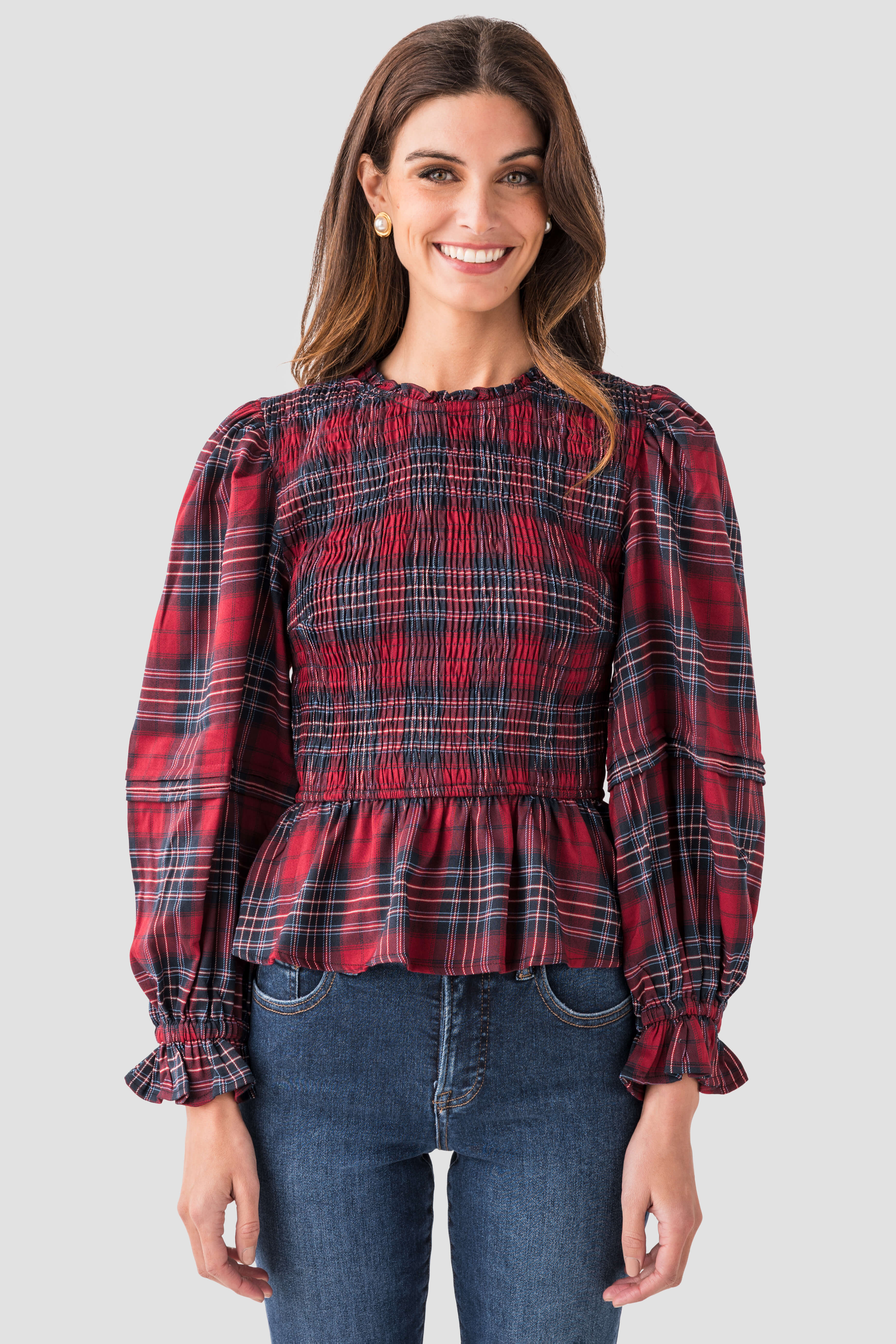&Merci Smocked Plaid Puff Sleeve Peplum Top | Social Threads