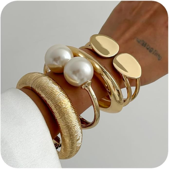 Boho Gold Cuff Bangle Bracelet Set for Women - Chunky Waterdrop Irregular Wide Stackable Minimali... | Amazon (US)