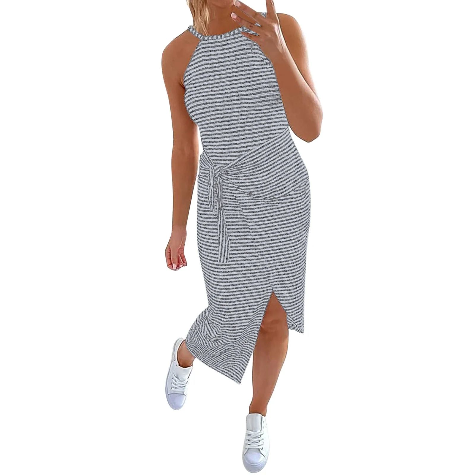 Women Summer Casual Halter Neck Sleeveless Striped Midi Dress Wrap Waist Tank Dresses Knee Length... | Walmart (US)