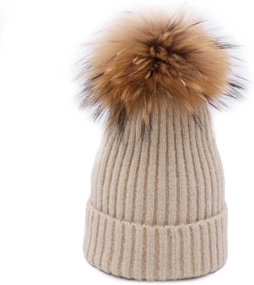 BeFur Unisex Winter Fur Ball Pom Bobble Hat Womens Girls Knit Slouchy Beanie Cap | Amazon (US)