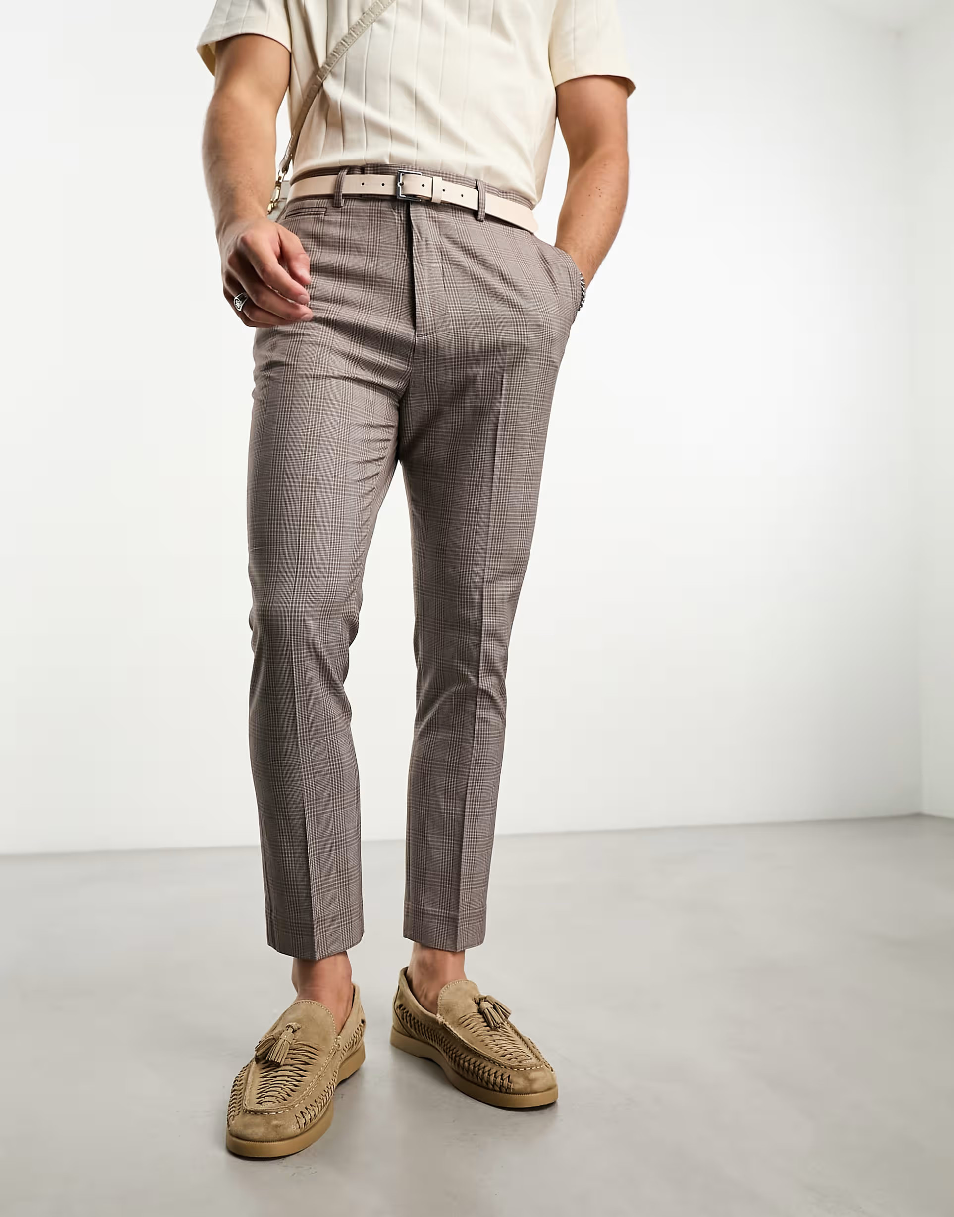 ASOS DESIGN tapered dressy pants in stone prince of wales plaid | ASOS (Global)