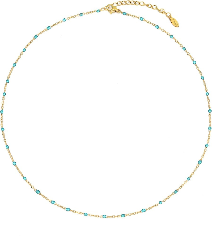 Boho Colorful Beaded Choker Necklace for Women, Rainbow Round Bead 14K Gold Plated Choker Necklac... | Amazon (US)