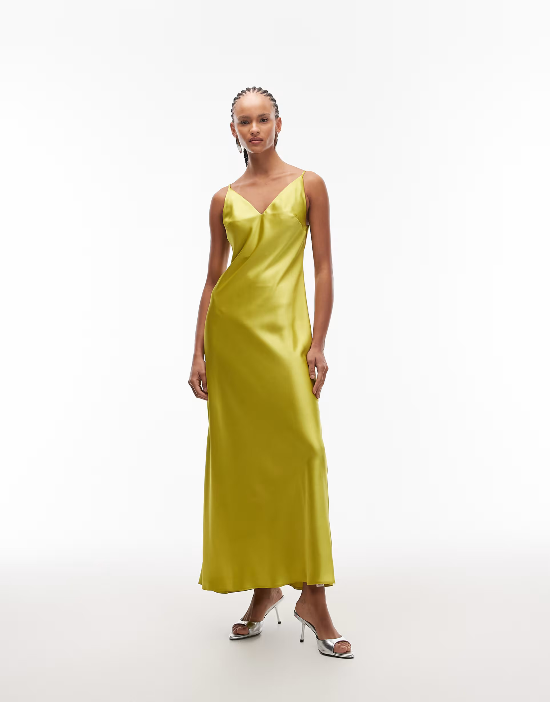 ASOS DESIGN v-neck cami satin midi slip dress in chartreuse | ASOS (Global)