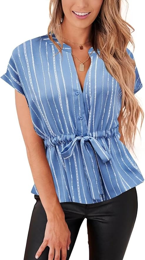 Womens Button Down Blouses Casual Peplum Summer Tops Dressy Chiffon Work Blouse | Amazon (US)