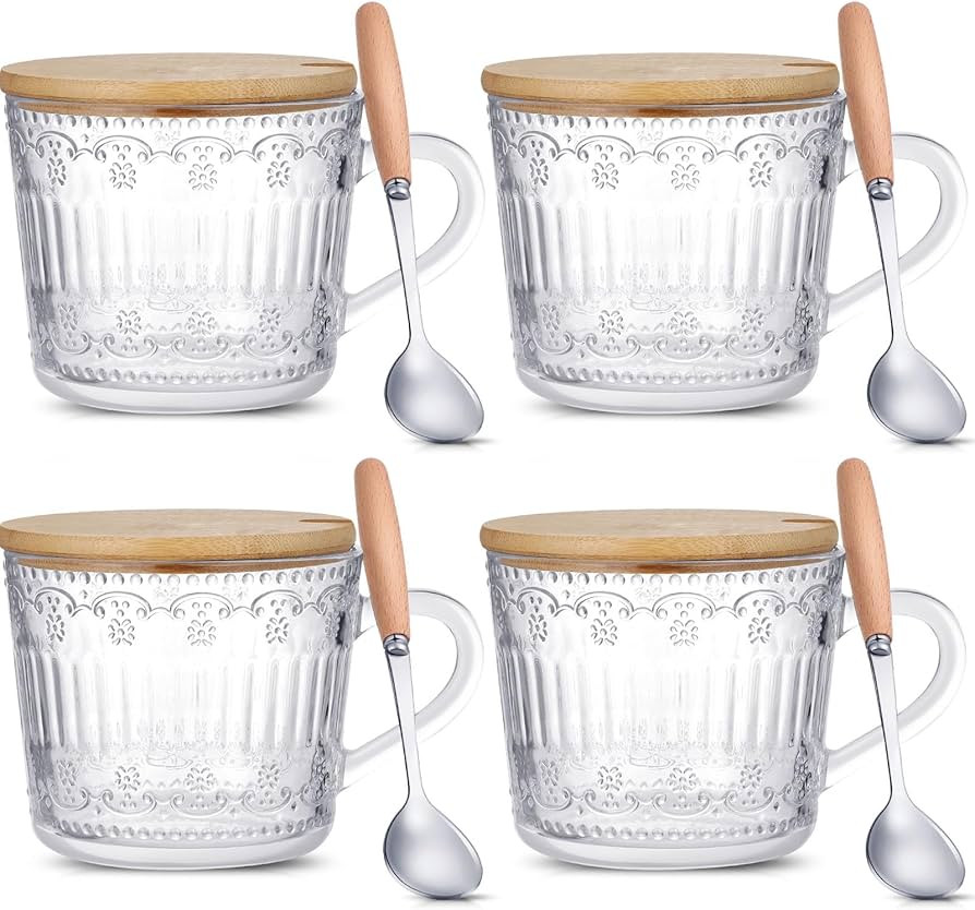 Nuenen 4 Sets Vintage Coffee Mugs with Bamboo Lids and Spoons 13.5 oz Embossed Tea Cups Clear Dri... | Amazon (US)